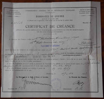 CERTIFICAT CRÉANCE DOMMAGES DE GUERRE 14-18. COMMUNE DE LA BROQUE, VOSGES, BAS-RHIN. 1923, WW1 - Documenti Storici