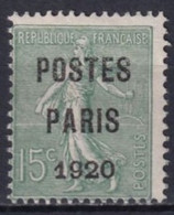 SEMEUSE PREOBLITERE PARIS 1920 - YVERT N°25 SANS GOMME SIGNE BRUN - COTE = 125 EUR. - 1893-1947