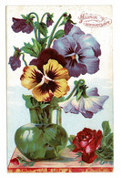 Bloem Fleur Viooltjes Veilchen Violaceae Violettes Viola Pensées Carte Gaufrée Embossed Relief Bonne Anniversaire - Anniversaire