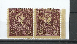 USA Interesting Internal Revenue Tax Stamps Bank Check Printed On Very Thin Paper Pair MNH - Steuermarken