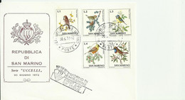 Repubblica Di San Marino  Uitgave 30 Giugno 1972  Met Eerste Dag Stempel  Serie  "UCCELLI" - Covers & Documents