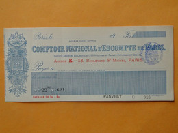 PARIS -- Chèque Des Années 1900 - Comptoir National D'Escompte De Paris, Agence R à Paris - Timbre Fiscal Sec Au Recto - Cheques & Traveler's Cheques