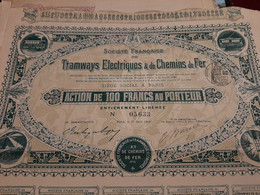 Société Française De Tramways Electriques & De Chemins De Fer - Action De 100 Frs - Paris Juin 1908. - Bahnwesen & Tramways