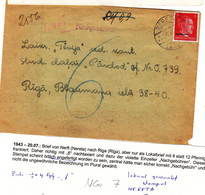 Allemagne - Empire - Occupation 38 / 45 - Lettre Taxée De 1943 - Oblit Nereta ) Exp Vers Riga - Cachet Nachgebüren - Occupazione 1938 – 45