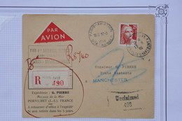 AO 14 FRANCE BELLE  LETTRE  RECOM. 17 06  1946 1ER VOL  PARIS AVIATION POUR MANCHESTER  +GANDON 25F ++ AFFRANC. PLAISANT - 1960-.... Cartas & Documentos