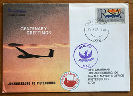 GLIDER MAIL=SOUTH AFRICA=JOHANNESBURG To MAYORS OFFICE, PIETERSBURG=25.9.1986=CENTENARY GREETINGS=JHB 100 - Poste Aérienne