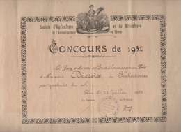 Thiers /Peschadoires  (36 Puy De Dôme) Diplôme CONCOURS D'AGRICULTURE 1932  (M3521) - Diploma & School Reports