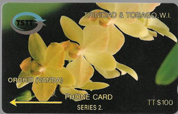 CARTE-TRINIDAD &TOBAGO-ANTILLES-TTS-100$-MAGNETIQUE-ORCHIDEE-Utilisé-TBE/RARE - Trinidad & Tobago