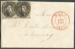 N°6(2) - Médaillon 10c. Brun, Paire Bien Margée Obl. P.83 Sur Lettre De MONS le 7 Novembre 1853 Vers Tournay.   - 19354 - 1851-1857 Médaillons (6/8)
