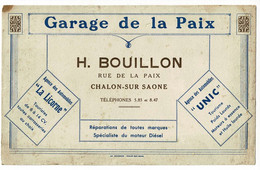 Buvard "Garage De La Paix" H. Bouillon, Chalon S/Saône, Automobiles "La Licorne" & "Unic" Mauvais état - Automotive