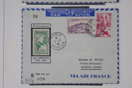 C1 FRANCE  BELLE LETTRE RECOM. 1946 PARIS POUR BUENOS AIRES + ++ PORTE TIMBRE MERMOZ+++AVIATION+AFF. PLAISANT - Cartas & Documentos