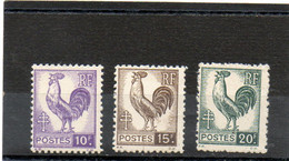 FRANCE   3 Timbres 10 F, 15 F Et 20 F     1944      Y&T: 646 à 648   Coq D'Alger   Neufs Sans Charnière Gomme Mate - 1944 Coq Et Maríanne D'Alger