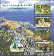 ROMANIA, 2022, MNH, NATIONAL PARKS, BIRDS, HAWKS, FELINES, LYNX, DEER, MARTINS,MOUNTAINS, SHEETLET - Eagles & Birds Of Prey