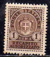 ITALIA REGNO ITALY KINGDOM 1946 LUOGOTENENZA RECAPITO AUTORIZZATO LIRE 1 LIRA MNH - Service Privé Autorisé