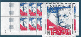 Polynésie N°159** Charles De Gaulle, Un Bloc De 10 Timbres Dont Coin Daté, Cote 67€ - Colecciones & Series