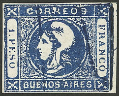 ARGENTINA: GJ.17, 1P. Dark Blue, With Interesting French Dues Mark Of French Offices In Buenos Aires, Rare! - Buenos Aires (1858-1864)