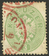 AUSTRIA: Yvert 23, 1863 3k. Green Perforation 14, With Attractive Red Cancel, Tiny Thin On Back Else Excellent! - Other & Unclassified