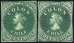 CHILE: Yv.10 (Sc.13), 1861 20c. Green, 2 Mint Examples, Different Shades, Both With 4 Margins But One With Small Thin On - Chile