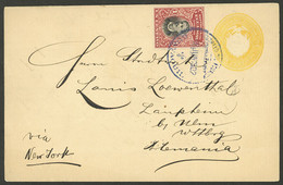 ECUADOR: 18/JUN/1902 Guayaquil - Germany, 2c. Stationery Envelope + Additional 1c. (Sc.145), With Laupheim Arrival Backs - Ecuador