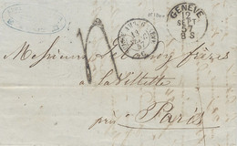 1857- Lettre En Port Du De GENEVE Pour Paris - Entrée SUISSE AMB. GENEVE  C  Noir N° 1240 Taxe Tampon 4 D. - Marques D'entrées