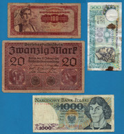LOT BILLETS 4 BANKNOTES: DEUTSCHES REICH - ITALIA - POLAND - YUGOSLAVIA - Lots & Kiloware - Banknotes