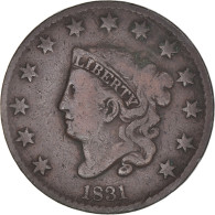 Monnaie, États-Unis, Coronet Cent, Cent, 1831, U.S. Mint, Philadelphie, TB - 1816-1839: Coronet Head (Tête Couronnée)