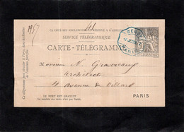 Carte Télégramme - Cachet Bleu BERCY - PARIS Sur Type CHAPLAIN 30C Noir - Pneumatische Post