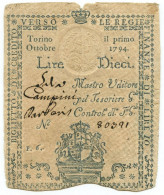 10 LIRE REGIE FINANZE TORINO REGNO DI SARDEGNA 01/10/1794 QBB - Otros & Sin Clasificación