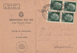 AVVISO RICEVIMENTO 1940 4X25 TIMBRO AGRIGENTO (RY7862 - Storia Postale