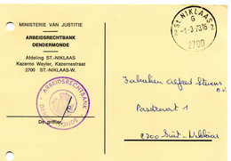 1973 Portvrij Kaart Ministerie Van Justitie Arbeidsrechtbank Dendermonde - Stempel 2 St Niklaas 2 2700 - - Brieven En Documenten