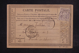 FRANCE - Carte Précurseur De Nimes Pour Marseille En 1876 Avec Sage 15ct, étiquette Commerciale Au Verso - L 122205 - Precursor Cards