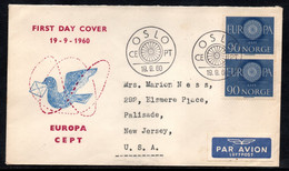 CA103- COVERAUCTION!!! - NORWAY 1960 - OSLO -19-9-60, TO NEW JERSEY- EUROPA CEPT - Storia Postale