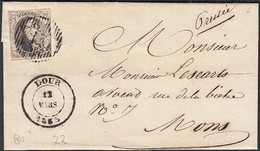 Belgique 1863 - Lettre . Cob Nr.: 6 Oblitéré D13. Non Dentelé De  Dour à Destination Mons ....(DD) DC-10879 - 1849-1865 Medaillons (Varia)