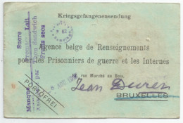 Recepisse De Colis En Franchise Du Camp De Hameln (Hannovre) Vers Agence Belge D Renseignements , Bruxelles   (1917) - Kriegsgefangenschaft