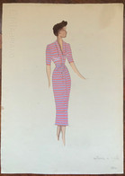 Figurino Di Moda , Abito A Righe , Acquerello Originale , Datato 1950 - Dessins