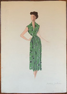 Figurino Di Moda , Abito Verde Fantasia , Acquerello Originale , Datato 1950 - Dessins