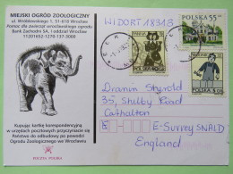 Poland 1999 Postcard Miejski Ogrod Zoo (elephant) - Elk To England - Country Estates Oblegorku - Zodiac Virgo Aquarius - Briefe U. Dokumente