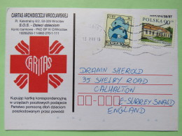 Poland 1999 Postcard Caritas Red Cross To England - Country Estates Oborach - Zodiac Pisces - Covers & Documents