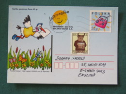 Poland 1999 Stationery Postcard To England - Pond Insects Stork Bird - Radio - Zodiac Taurus - Brieven En Documenten