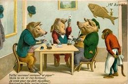 Cochon Et Singes Humanisés * CPA Illustrateur 1907 * 1er Avril * La Partie De Cartes * Carte à Jouer Cards * Pig Monkey - Cats