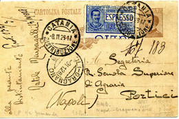 1928 Cartolina Postale Con Espresso VARIETA' Di Dentellatura -- Per PORTICI (NAPOLI) CATANIA - Marcofilía