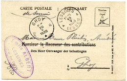 BELGIQUE - SIMPLE CERCLE RELAIS A ETOILES GHOY EN ARRIVEE SUR CARTE DE SERVICE DE LESSINES, 1920 - Postmarks With Stars