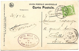 BELGIQUE - COB 83 SIMPLE CERCLE RELAIS A ETOILES HAN-SUR-LESSE SUR CARTE POSTALE, 1912 - Bolli A Stelle