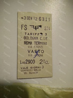 Italia Ticket Railway Treno Biglietto BOLOGNA - ROMA TERMINI - Europe