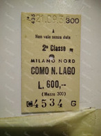 Italia Ticket Railway Treno Biglietto COMO N. LAGO - MILANO - Europe