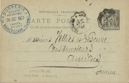 FRANCE - TPO "TERGNIER A AMIENS" (80) ON 10 CENT. POSTAL STATIONERY  PC BY "SUCRERIE DE MARCELCAVE" (80) - 1900 - Railway Post
