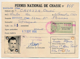 FRANCE - Permis National De Chasse - Fiscal (valable Jusqu'au 30 Juin 1957) - Otros & Sin Clasificación