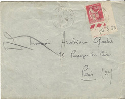 Enveloppe FRANCE N° 283 Y & T Coin Date 20.03.1933 - 1932-39 Peace