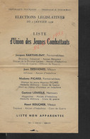AFFICHE ELECTIONS LEGISLATIVES LISTE JEUNES COMBATTANTS 1956 AVEC NOM FONTAINEBLEAU MEAUX NEMOURS Dep DE SEINE & MARNE : - Posters