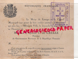 GUERRE 39-45- WW2- MILITARIA- 87-CARTON INVITATION RECEPTION DE GAULLE- LIBERATION -LIMOGES HOTEL VILLE LE 4 MARS 1945- - Documentos Históricos